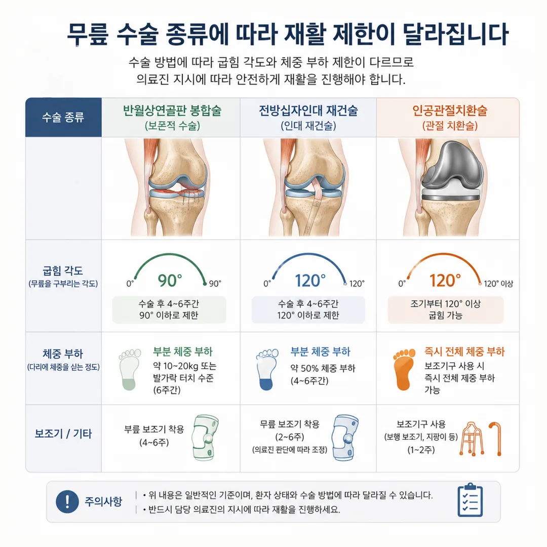 무릎 수술 종류별 재활 제한 차이 도식