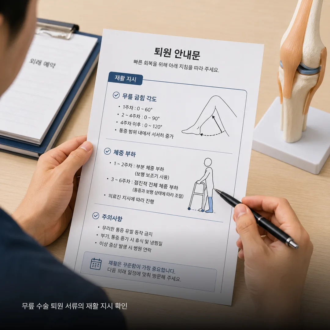 무릎 수술 퇴원 서류의 재활 지시 확인