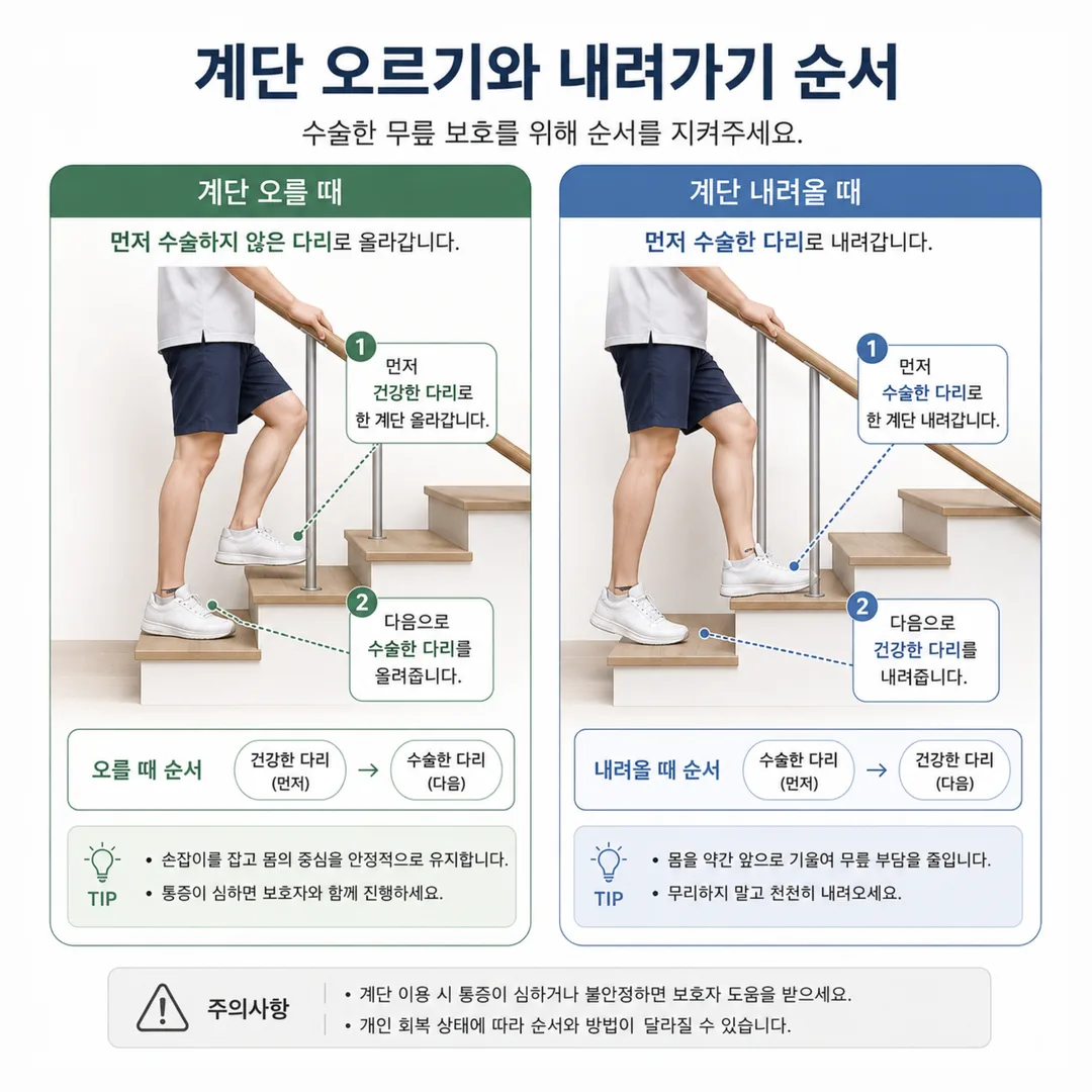 무릎 수술 후 계단 오르내리기 순서 비교