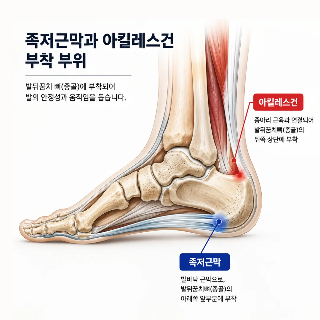 족저근막과 아킬레스건 부착 부위를 표시한 발 측면 그림