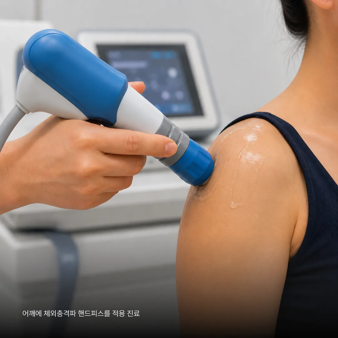 어깨에 체외충격파 핸드피스를 적용하는 진료 장면