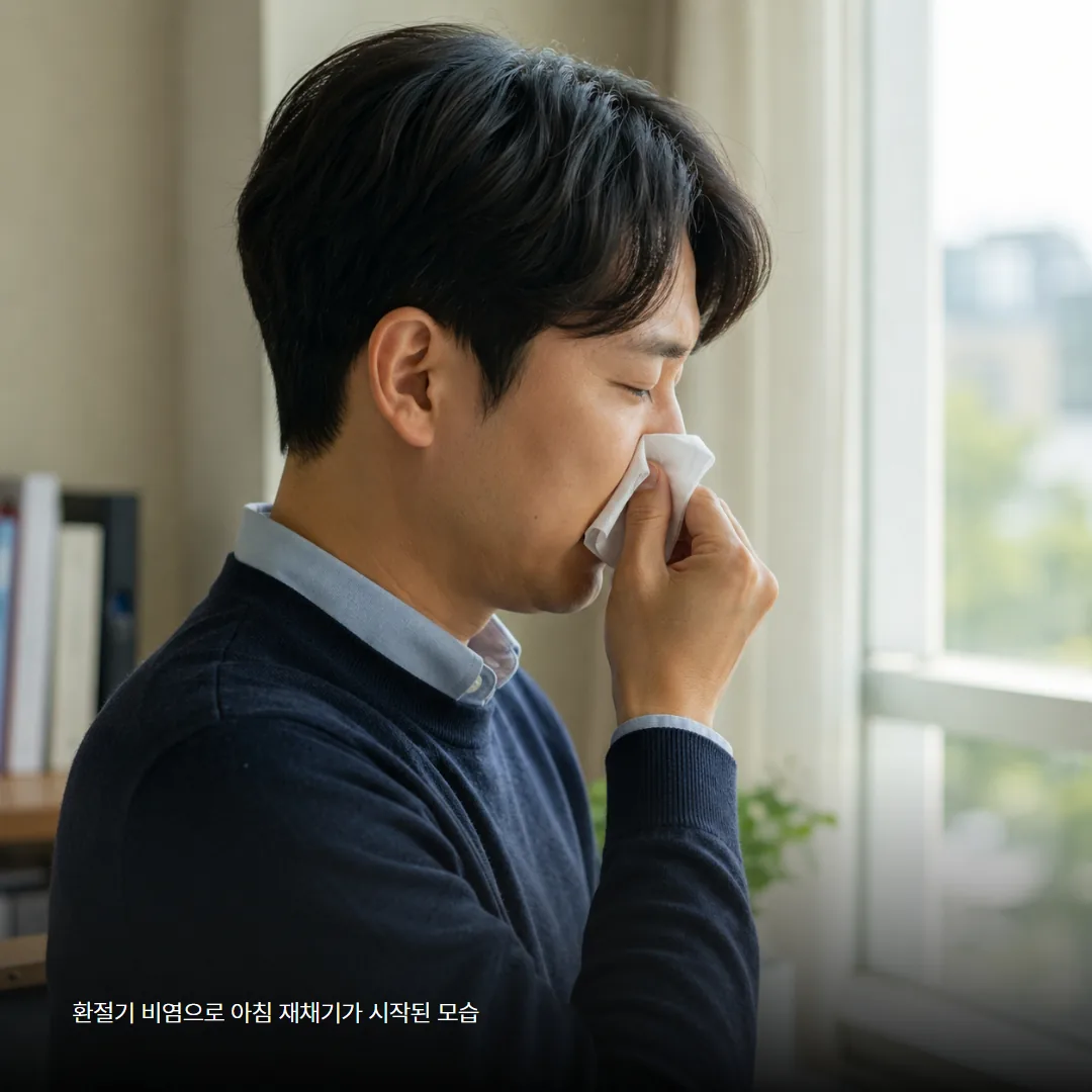 환절기 비염으로 아침 재채기가 시작된 모습