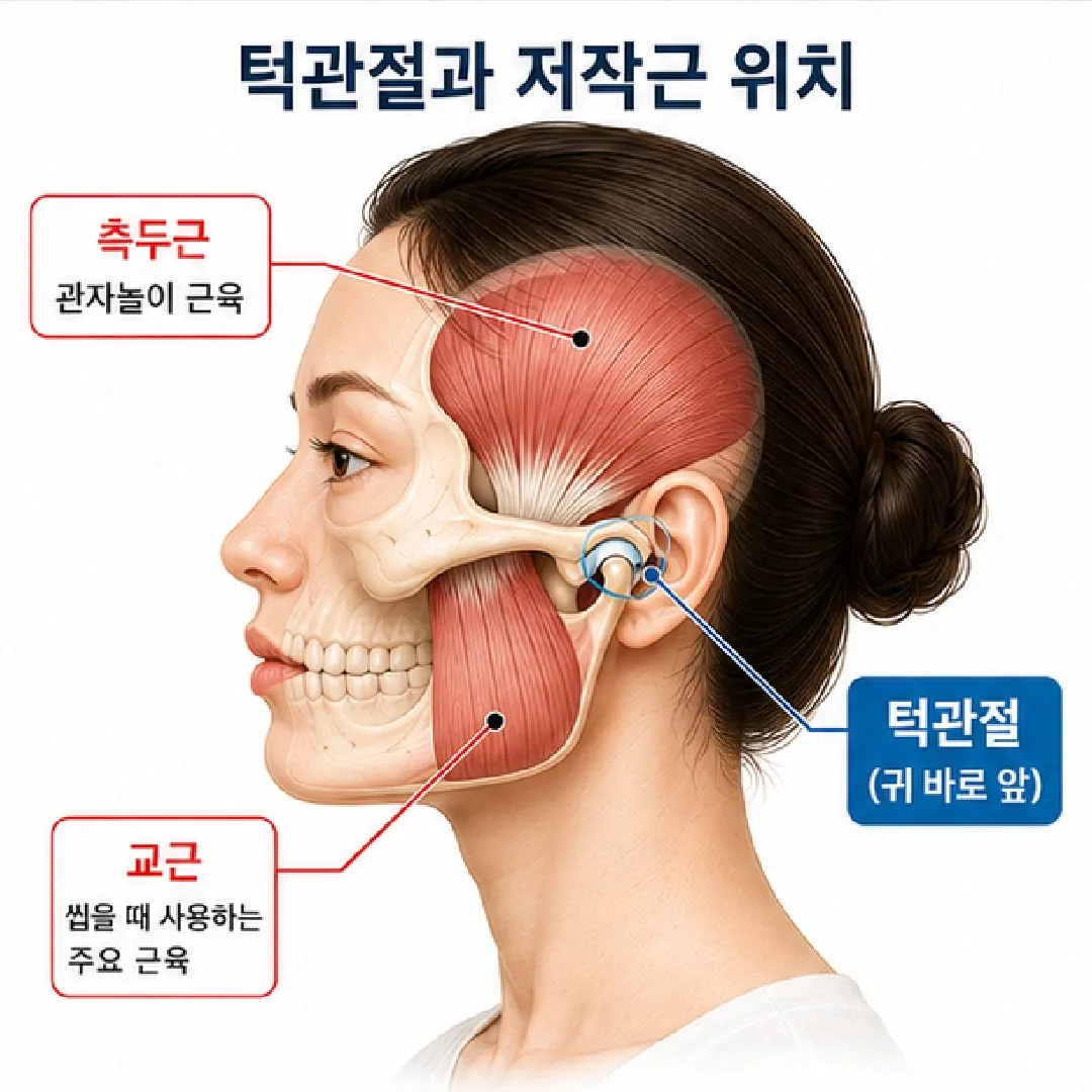 턱관절과 저작근 위치를 표시한 얼굴 측면 일러스트