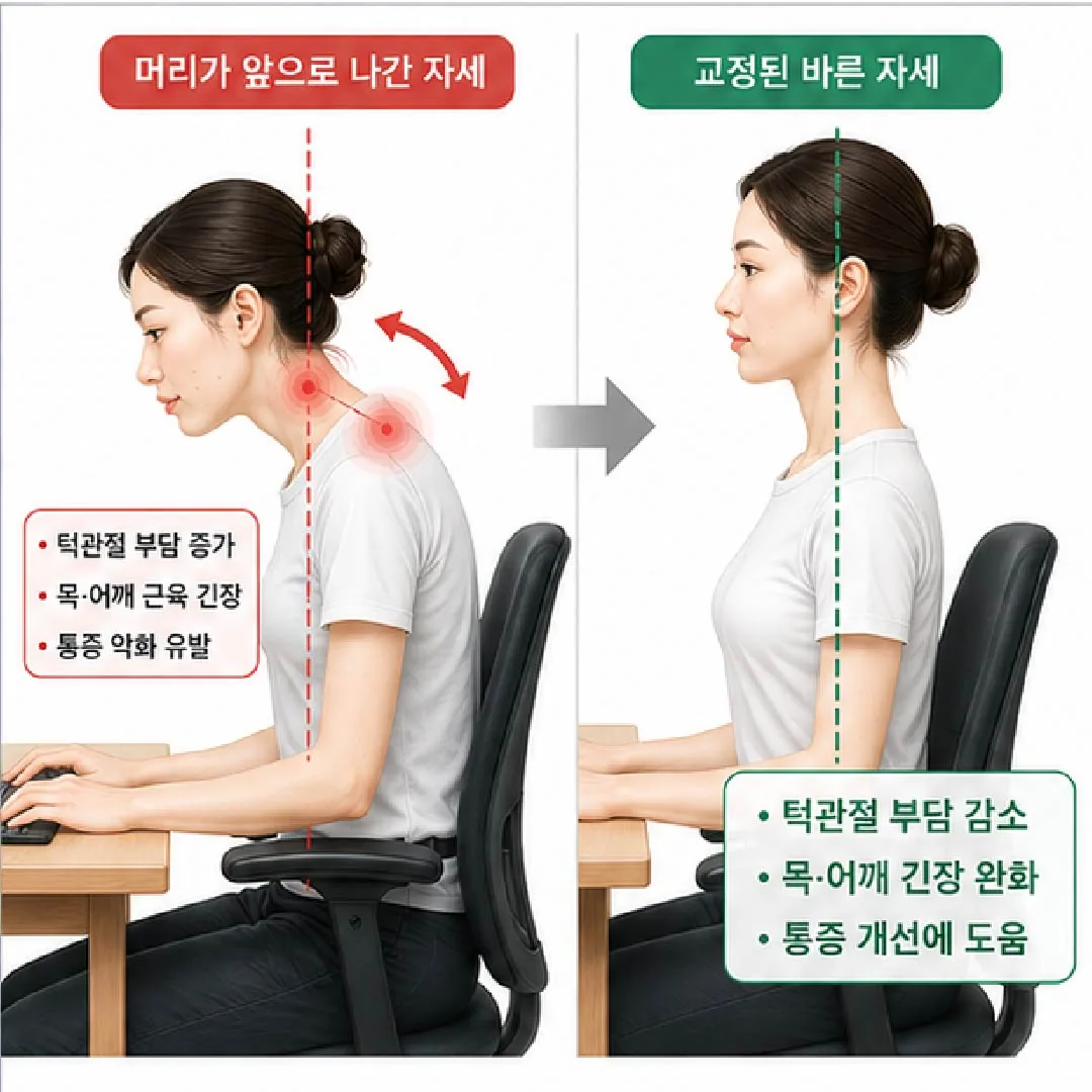 머리가 앞으로 나간 자세와 바른 목 자세를 비교한 도해