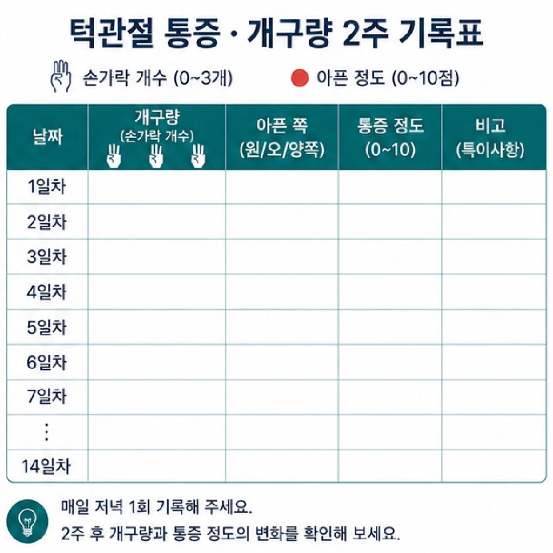 턱관절 개구량과 통증을 2주간 기록하는 표 예시
