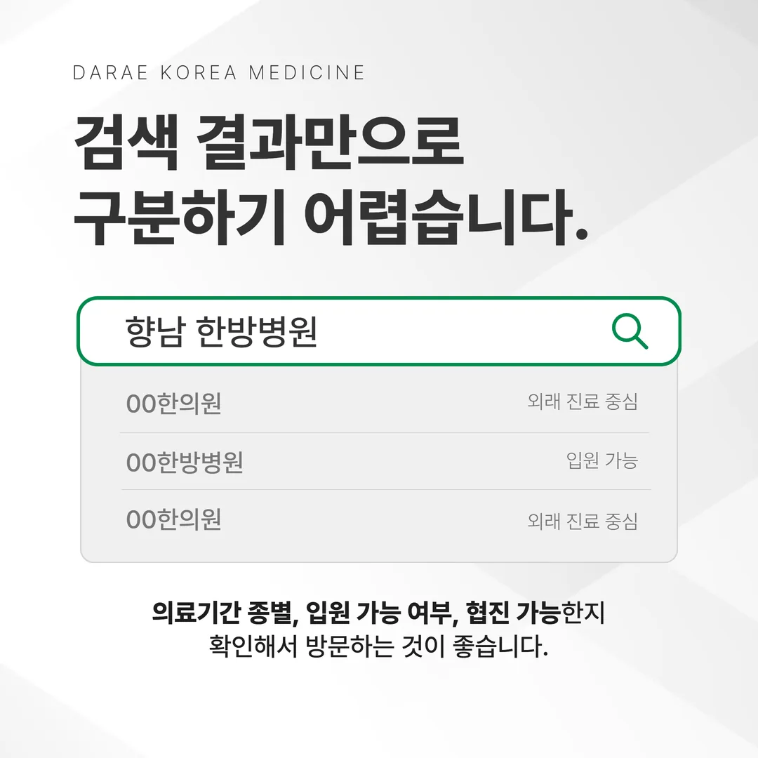향남 한방병원 검색 시 한의원과 한방병원이 혼재되어 노출되는 구조