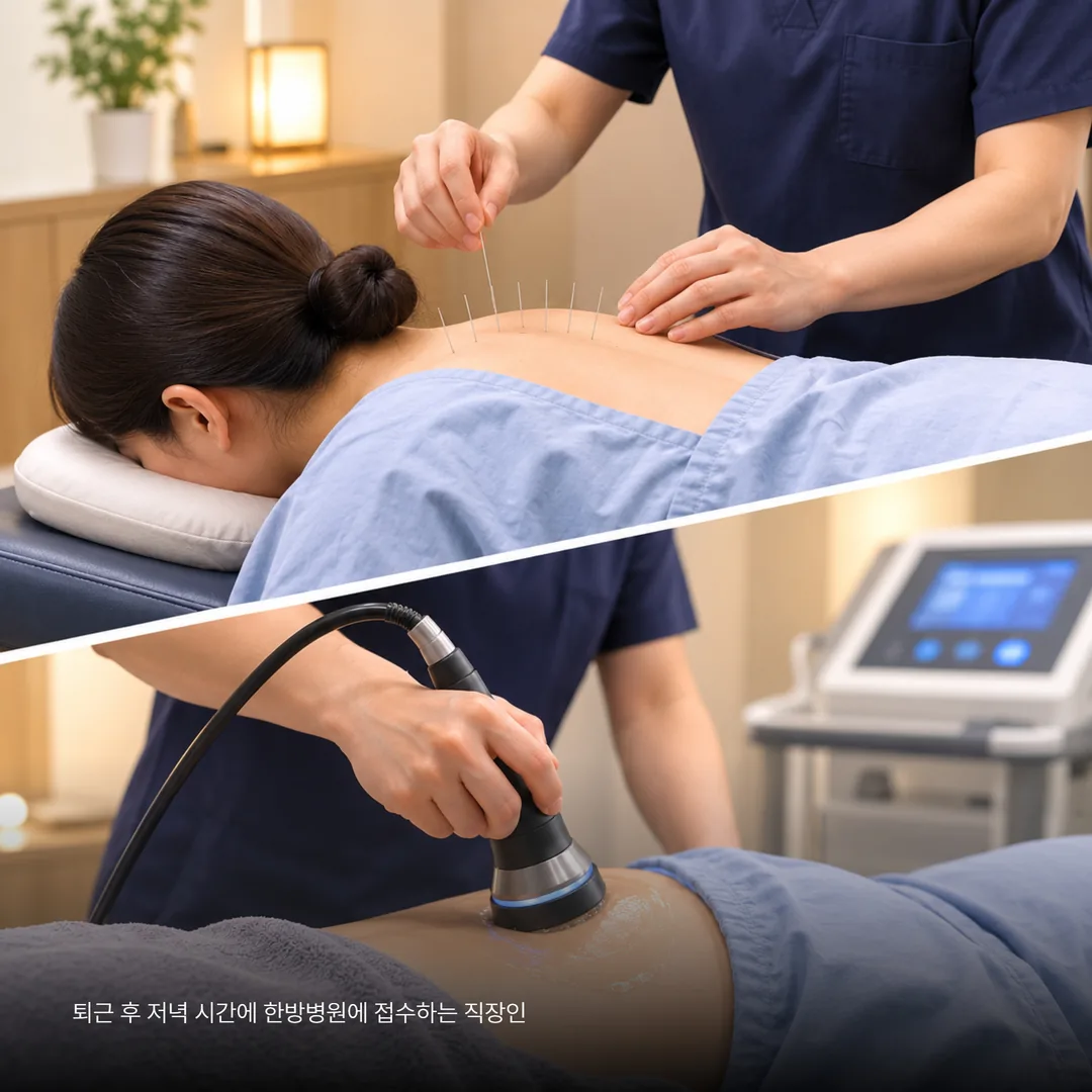 저녁 시간대에 침과 한방물리치료를 받는 모습