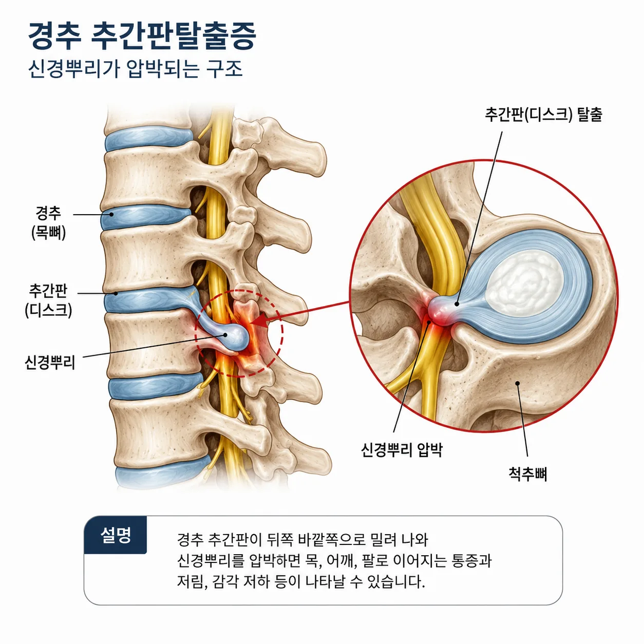 경추 추간판탈출증에서 신경뿌리가 압박되는 위치를 보여주는 해부 그림