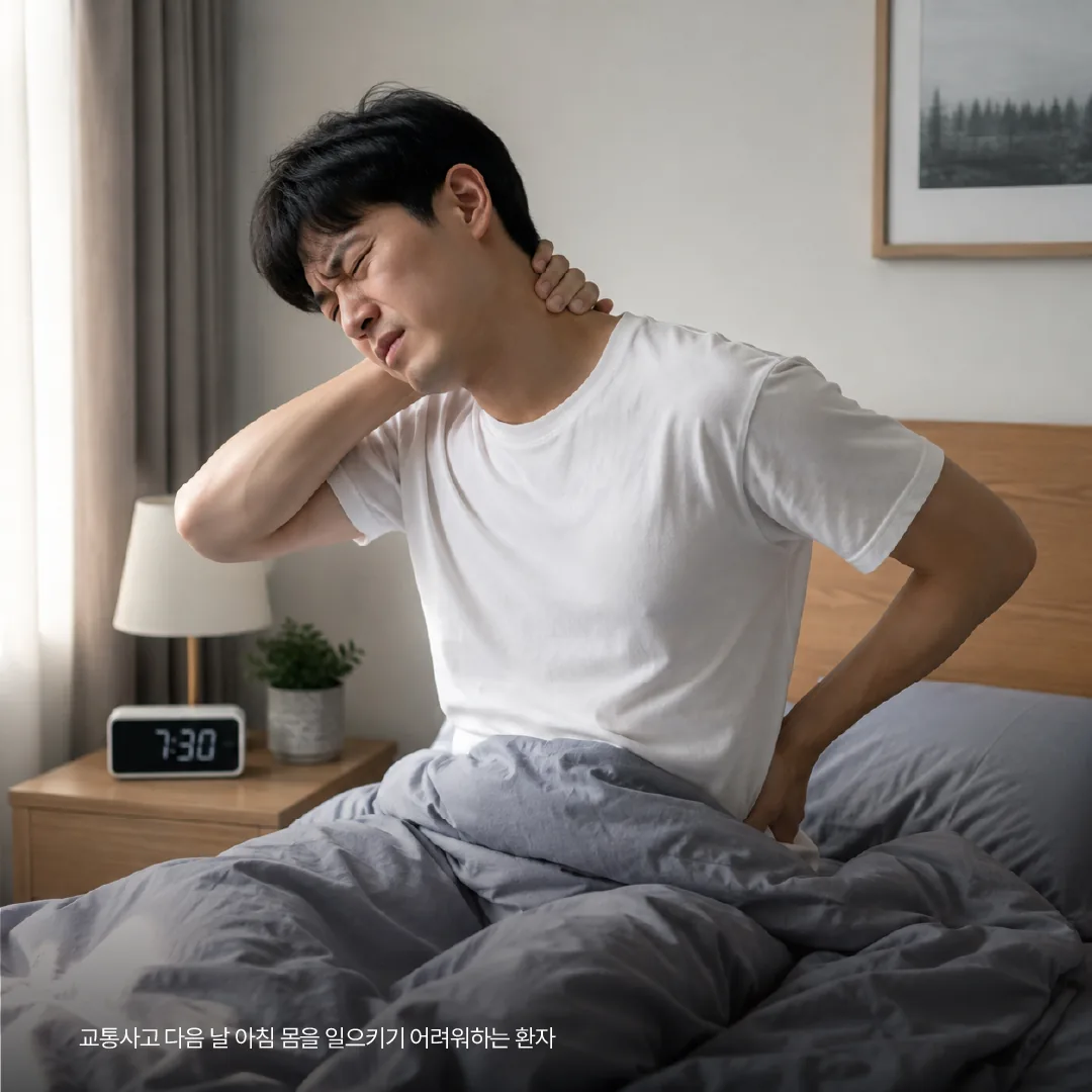 교통사고 다음 날 아침 몸을 일으키기 어려워하는 환자