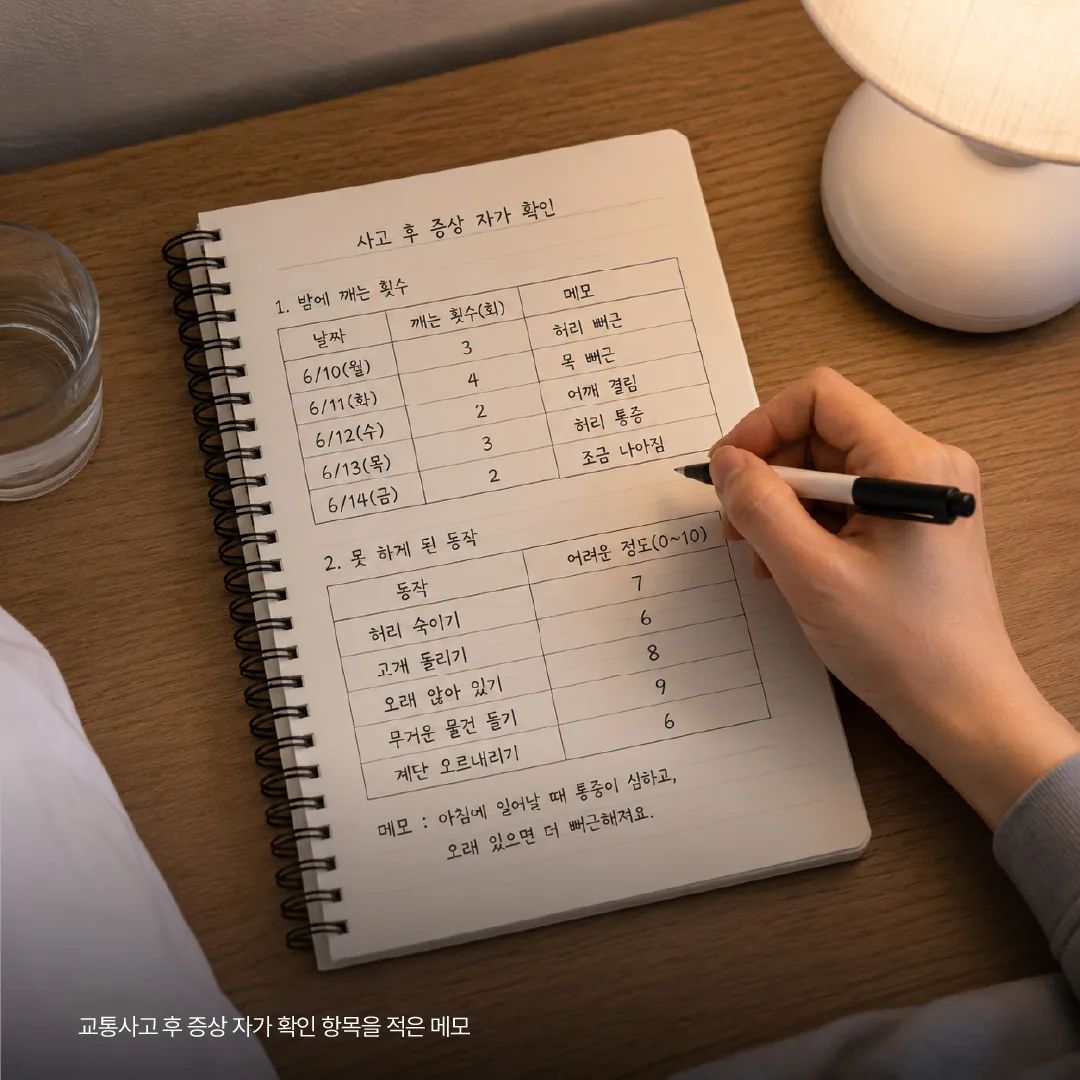 교통사고 후 증상 자가 확인 항목을 적은 메모