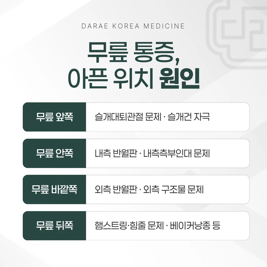무릎 통증 부위별 원인 구분 도해