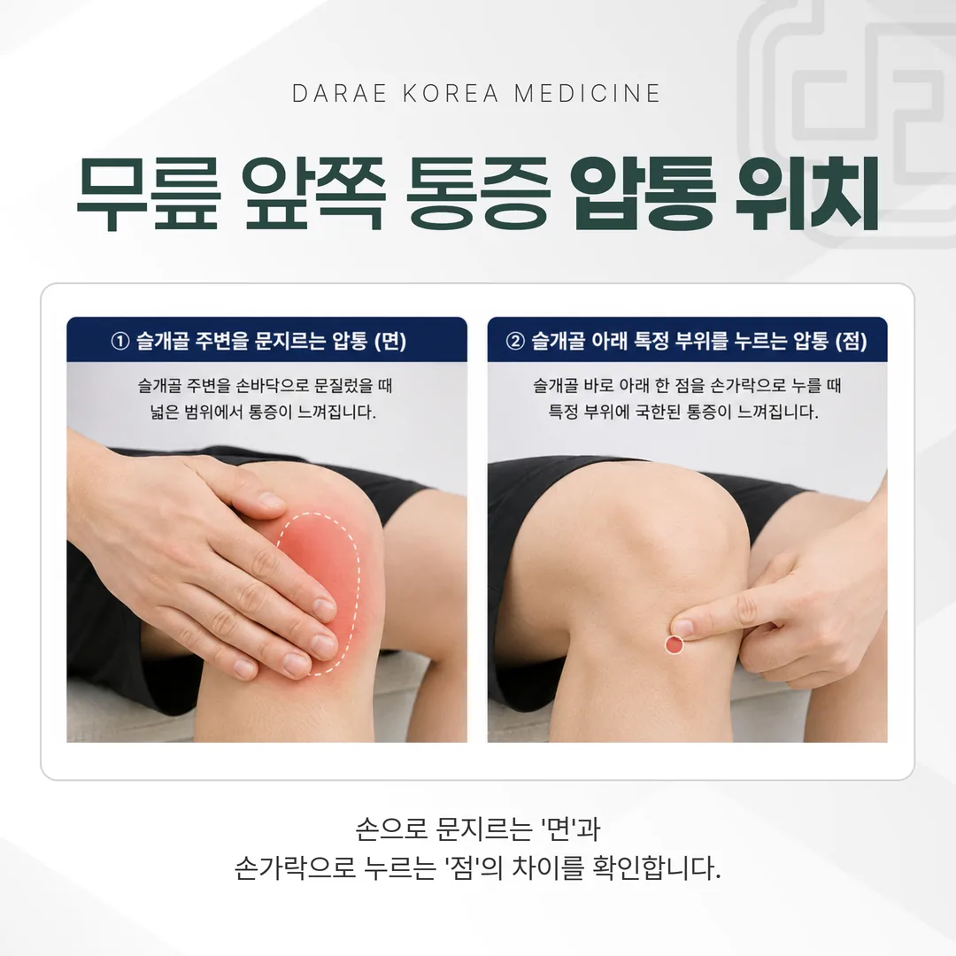 무릎 앞쪽 통증 압통 위치 비교