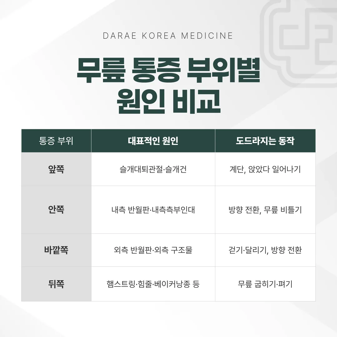 무릎 통증 부위별 원인 비교표