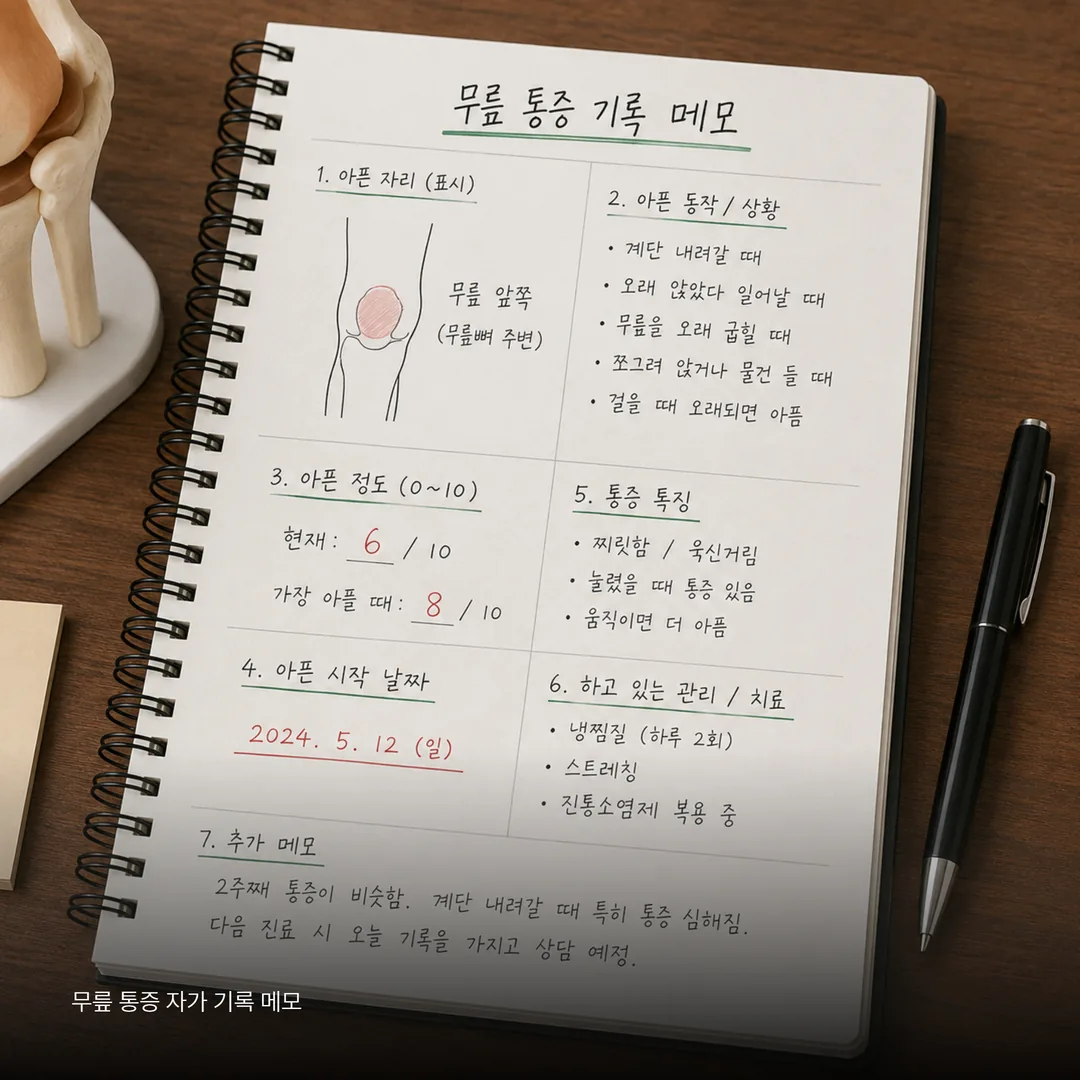 무릎 통증 자가 기록 메모