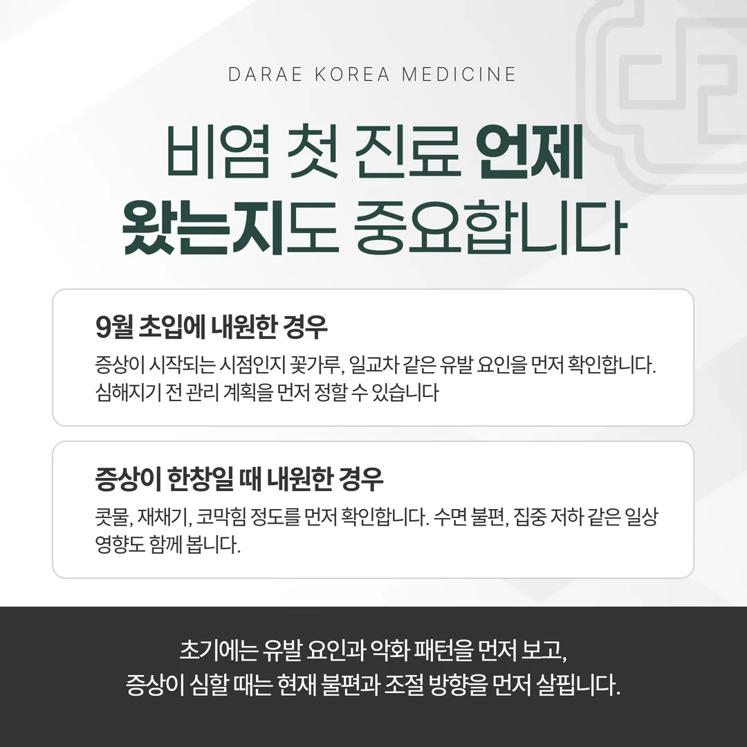 비염 첫 진료 시점에 따라 먼저 정하는 항목이 갈리는 흐름 비교도