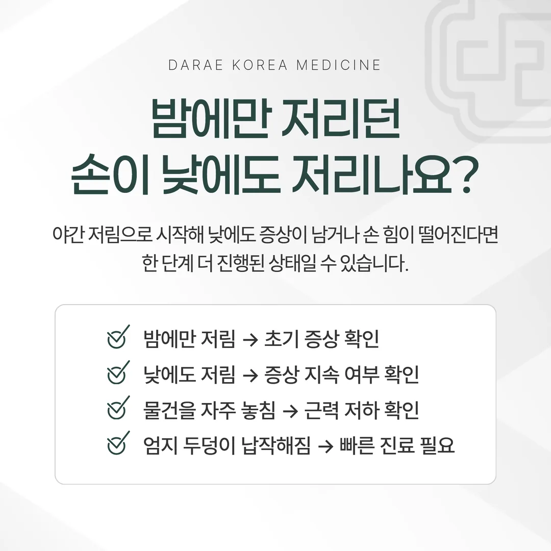 손목터널증후군의 야간 저림·주간 저림과 손 힘 저하·엄지 두덩 위축을 세 층으로 구분한 도식