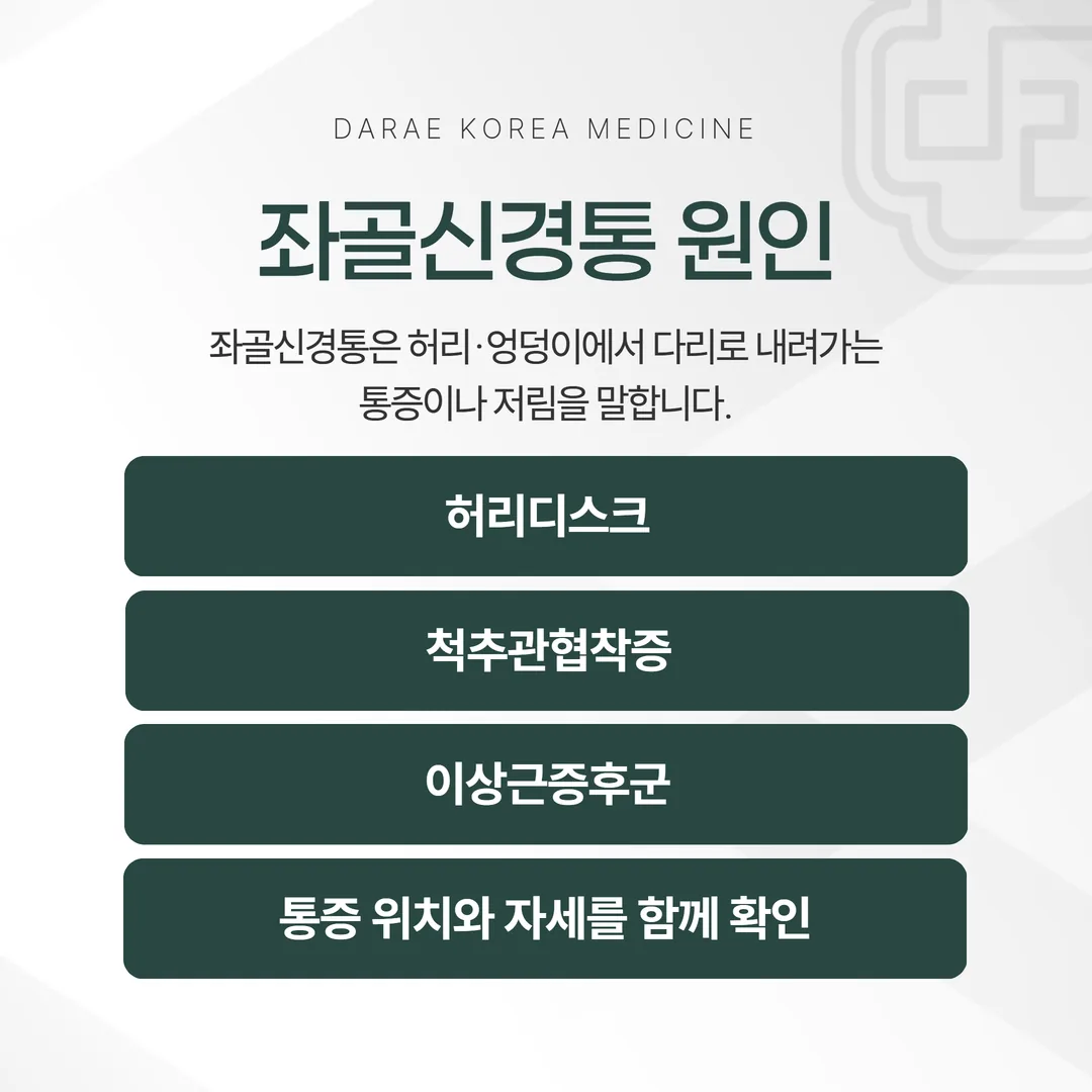 좌골신경 경로와 허리디스크·척추관협착증·궁둥구멍근증후군의 세 압박 지점을 표시한 개념도