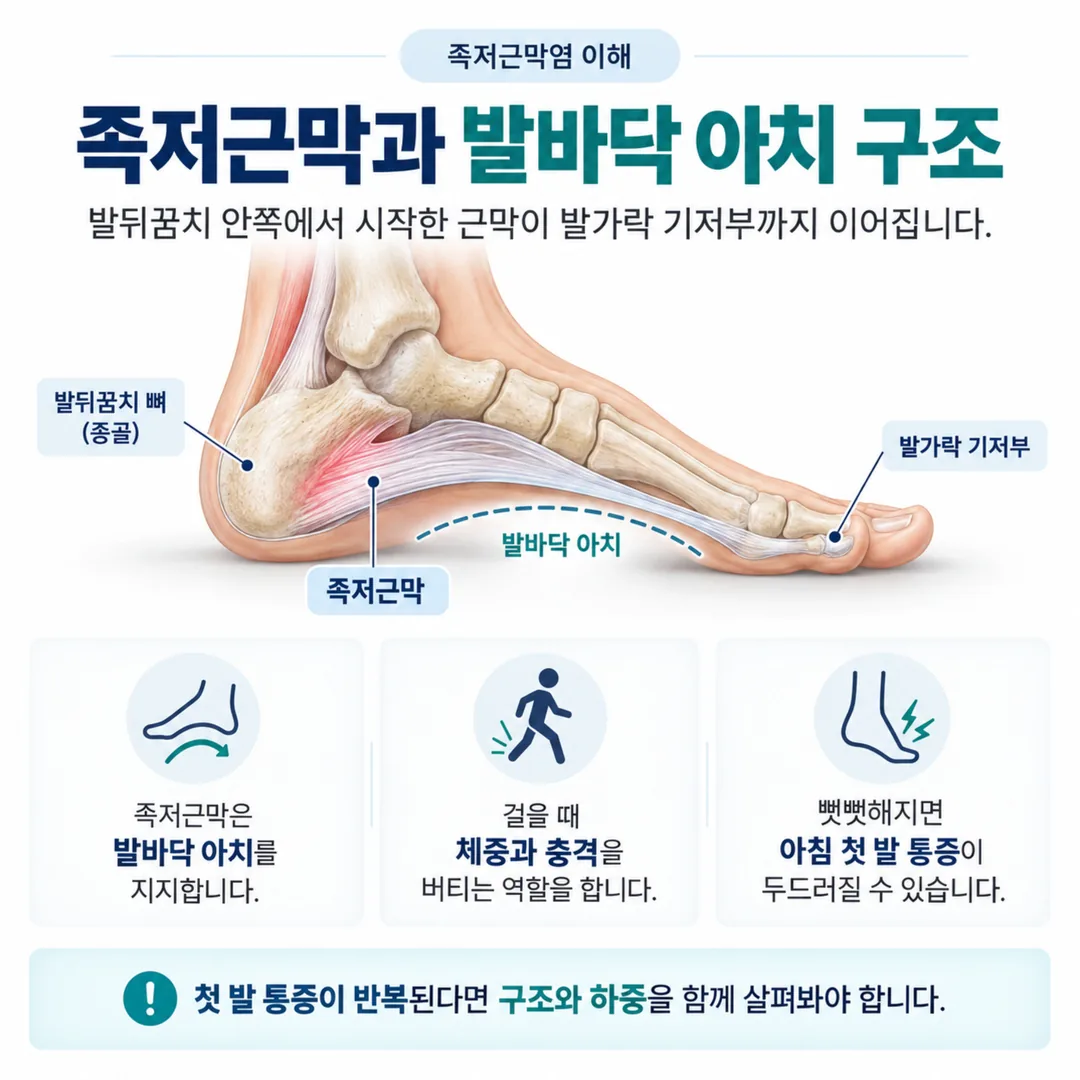 족저근막과 발바닥 아치의 구조를 옆에서 본 개념도