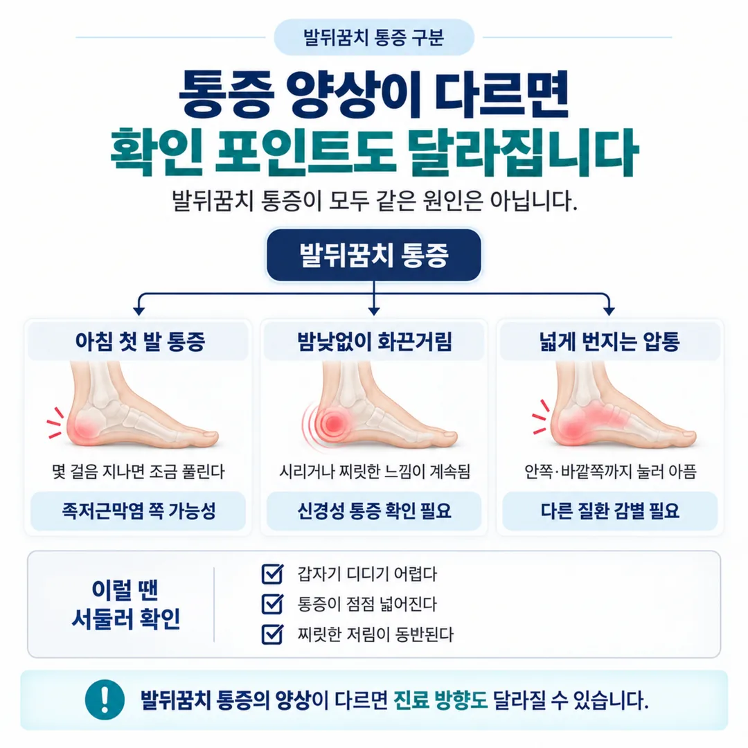 발뒤꿈치 통증 양상에 따른 세 갈래 감별 갈림 도표