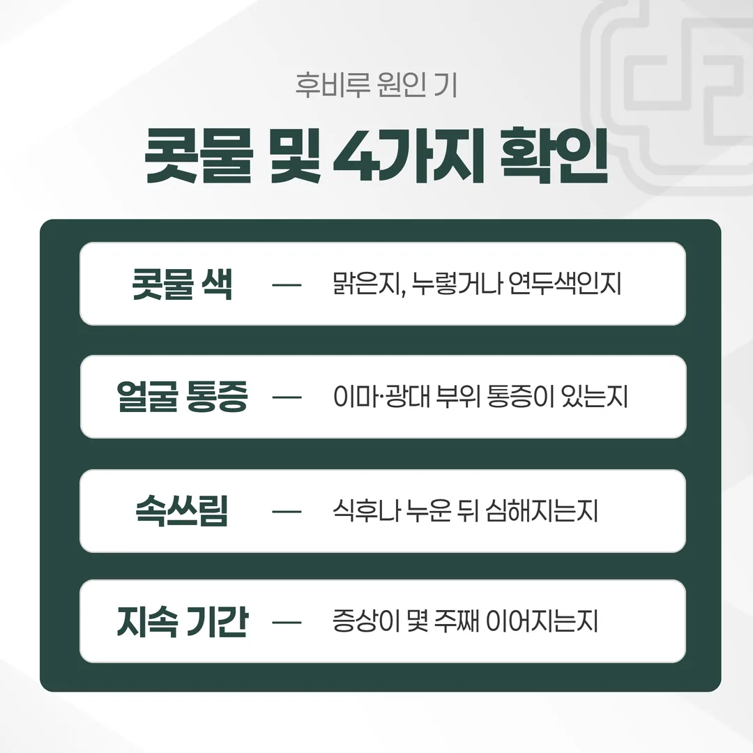 후비루의 원인을 비염·부비동염·역류로 좁혀 가는 판단 흐름도
