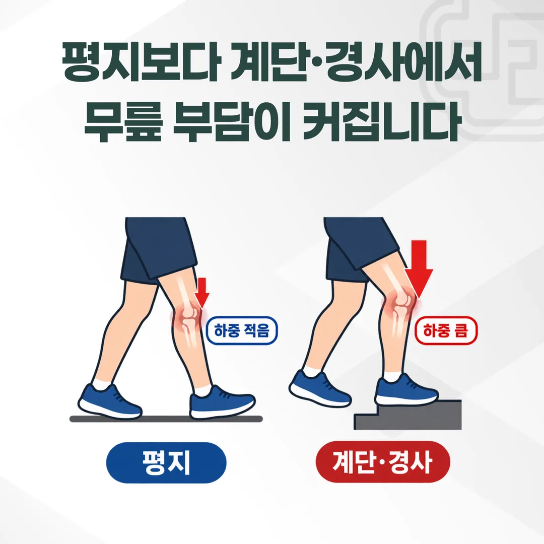 평지와 계단·경사에서 무릎에 실리는 하중을 비교한 개념도