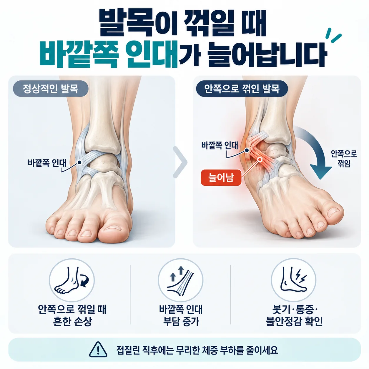 발목이 안쪽으로 꺾이면서 바깥쪽 인대가 늘어나는 구조를 보여주는 그림
