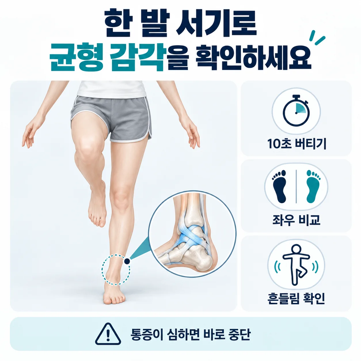 한 발로 서서 발목의 균형 감각을 확인하는 재활 동작